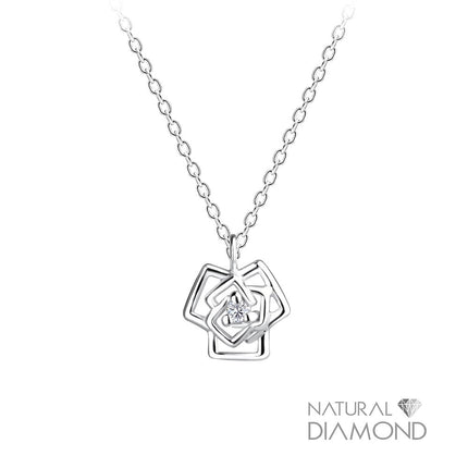 Sterling Silver Rose Flower Necklace With Natural Diamond