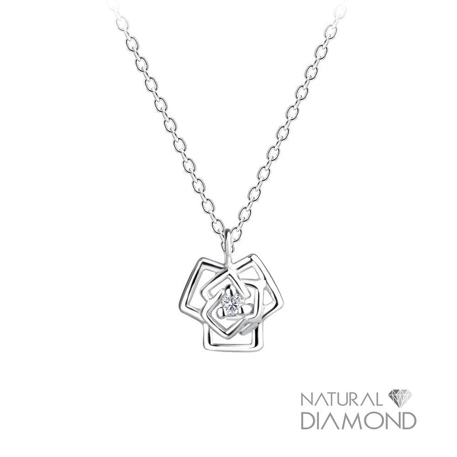 Sterling Silver Rose Flower Necklace With Natural Diamond