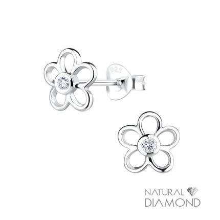 Sterling Silver Flower Ear Studs With Natural Diamond
