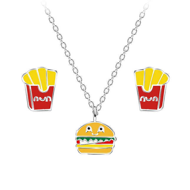 Sterling Silver Food Lover Necklace and Ear Studs Set