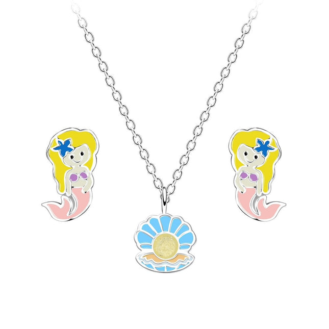 Sterling Silver Mermaid Necklace and Ear Studs Set