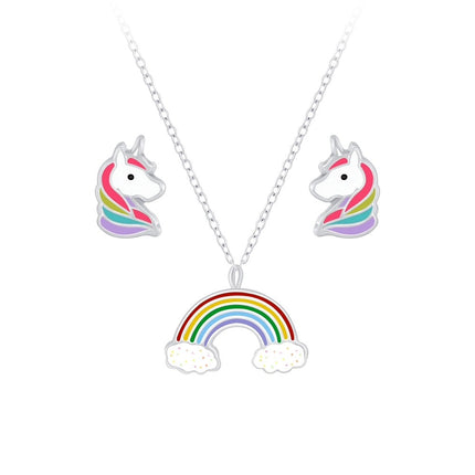 Sterling Silver Rainbow Necklace and Unicorn Ear Studs Set