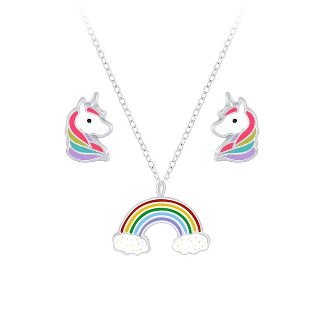 Sterling Silver Rainbow Necklace and Unicorn Ear Studs Set